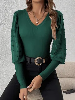 Elegant Rib V-neck Sleeve Chiffon Stitching Long Sleeve T-shirt Slimming Top - Green - View 1