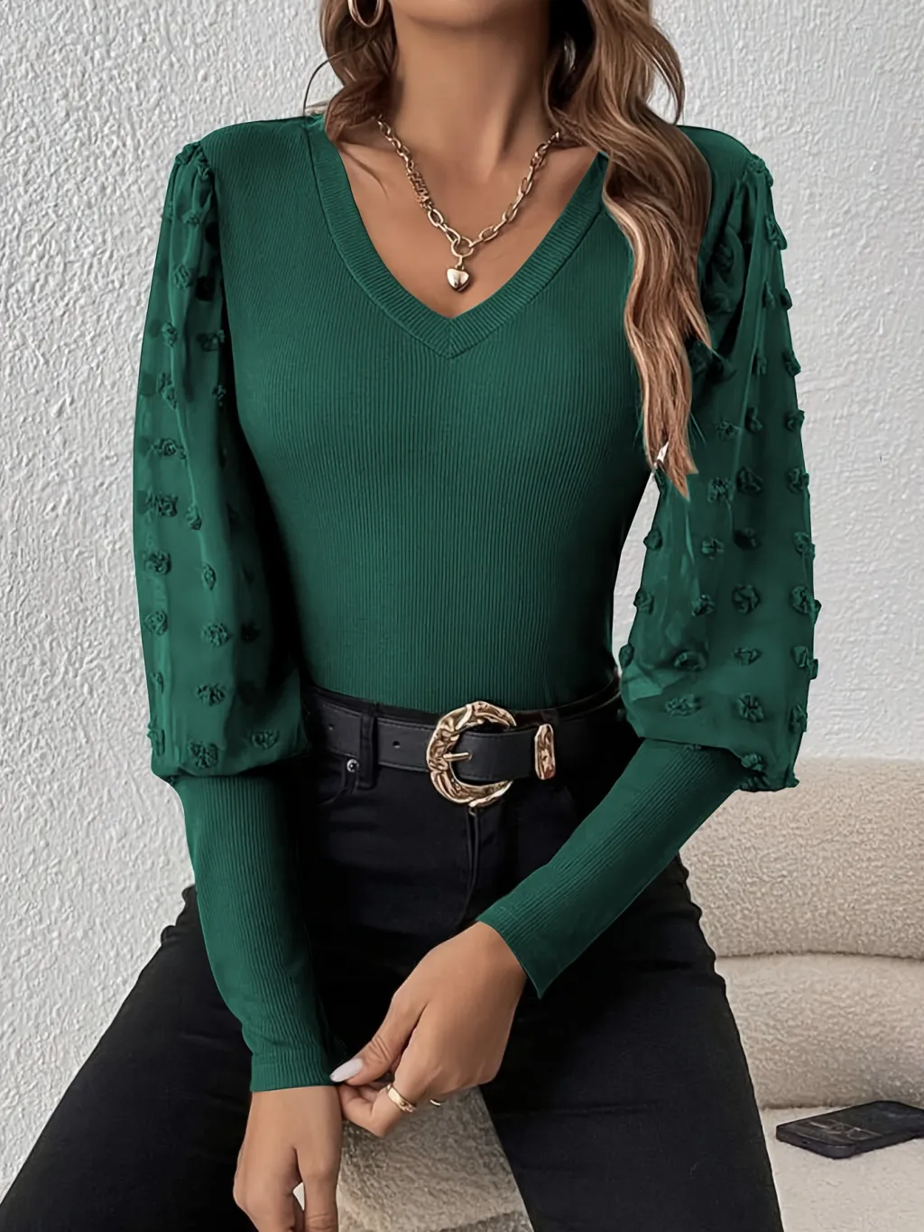 Elegant Rib V-neck Sleeve Chiffon Stitching Long Sleeve T-shirt Slimming Top - Green