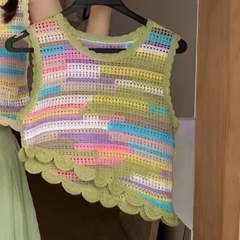 Hollow out Knitted Sling Women's Crocheted Sleeveless Tassel Top Green - Shop at LoveMi