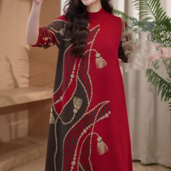 High-end Literary Elegance Over-the-knee Knitted Dress Women