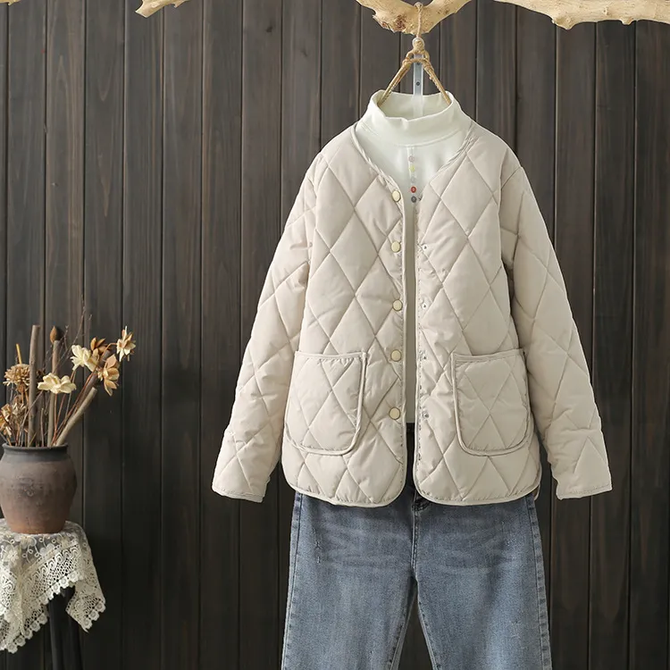 Winter Rhombus Sewing Coat With Pockets Warm Round-neck Button Jacket Lightweight Outerwear For Women's Clothing