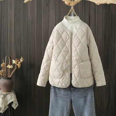 Winter Rhombus Sewing Coat With Pockets Warm Round-neck Button Jacket Lightweight Outerwear For Women's Clothing