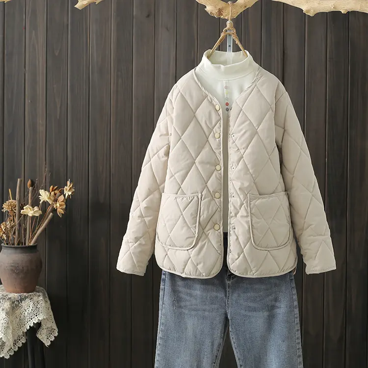 Winter Rhombus Sewing Coat with Pockets Warm Round-neck Button
