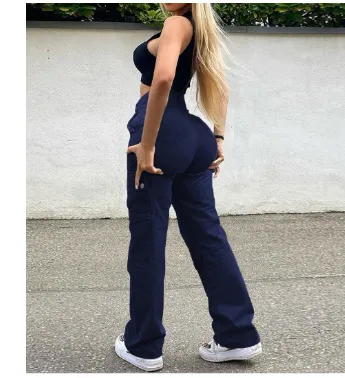 Straight Leg Cargo Pants Women High Waist Casual Baggy Pants Navy - Shop at LoveMi