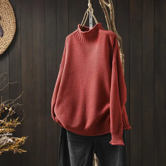 Mock Neck Sweater Women Loose Plus Size Red - Shop at LoveMi