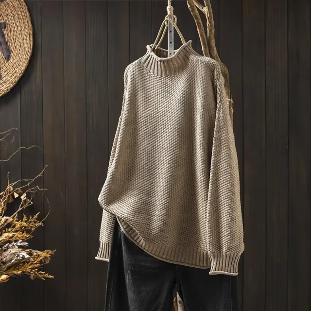 Mock Neck Sweater Women Loose Plus Size Khaki - Shop at LoveMi