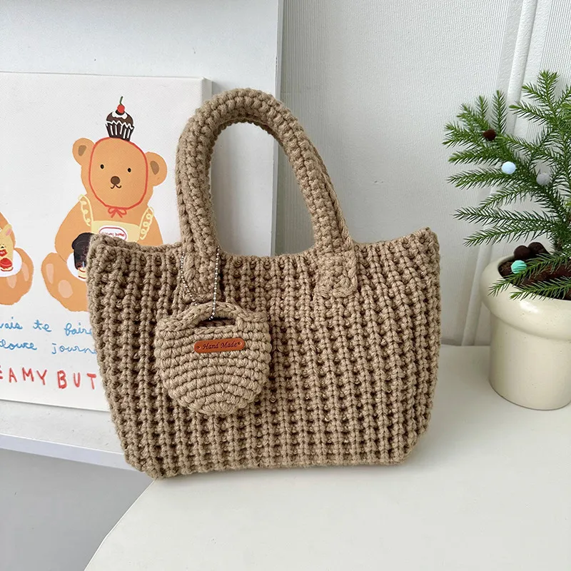 Solid Color Handmade Knitting Bag Cute Wool Handbag - Khaki