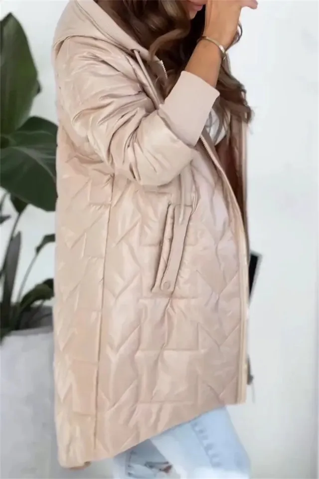 Hooded Loose Long Sleeves Solid Color Zipper Cotton Jacket Coat Khaki - Shop at LoveMi