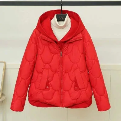 Women's Cotton padded Short Fake Two piece Hooded Casual Coat Red - Shop at LoveMi
