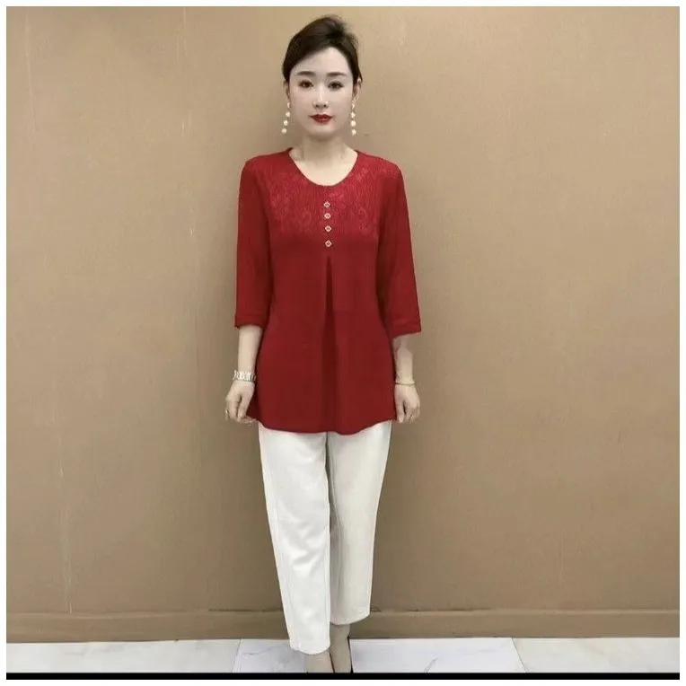 Three-quarter Sleeve Round Neck Jacquard Loose Oversized Shirt - Red