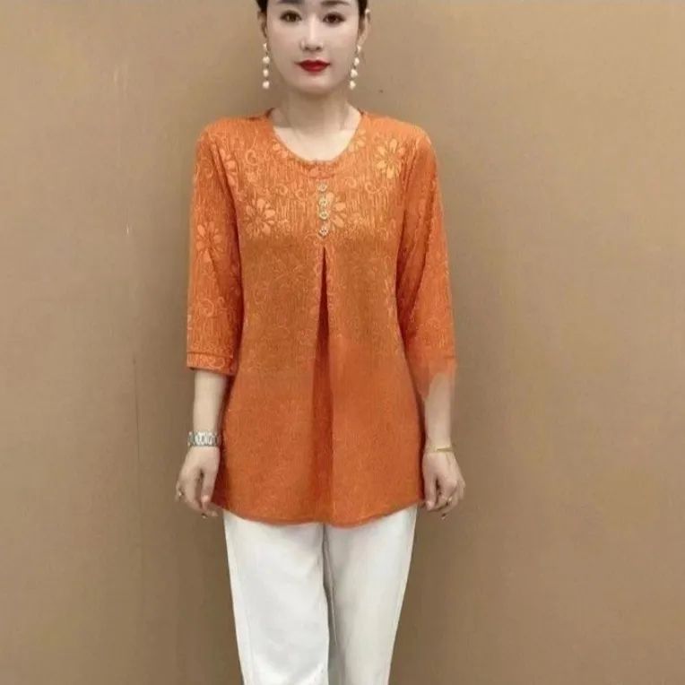 Three-quarter Sleeve Round Neck Jacquard Loose Oversized Shirt