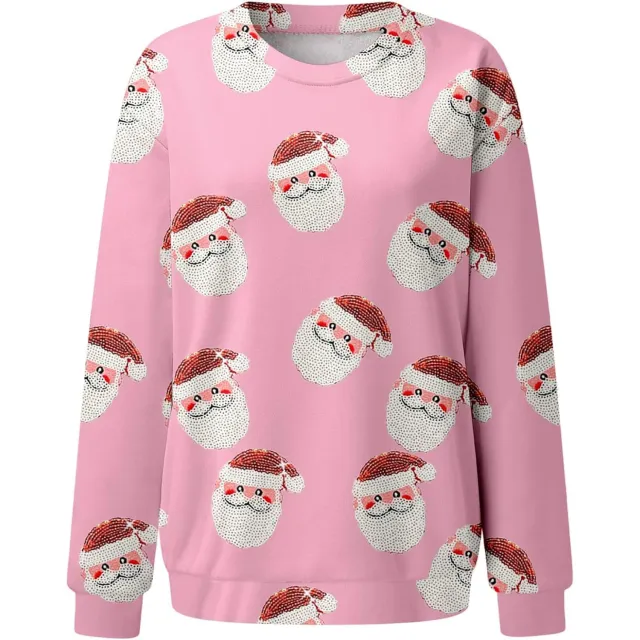 New Women's Casual Capless Round Neck Regular Drop Shoulder Sweater Pullover Print Top Pink - Shop at LoveMi
