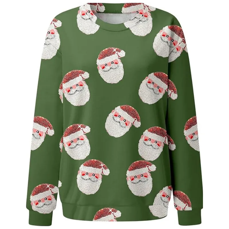 New Women's Casual Capless Round Neck Regular Drop Shoulder Sweater Pullover Print Top - Green