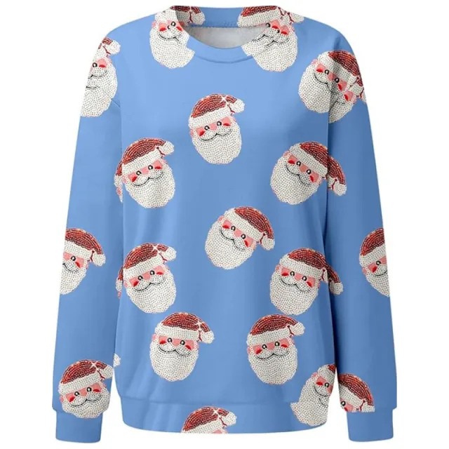 New Women's Casual Capless Round Neck Regular Drop Shoulder Sweater Pullover Print Top Blue - Shop at LoveMi