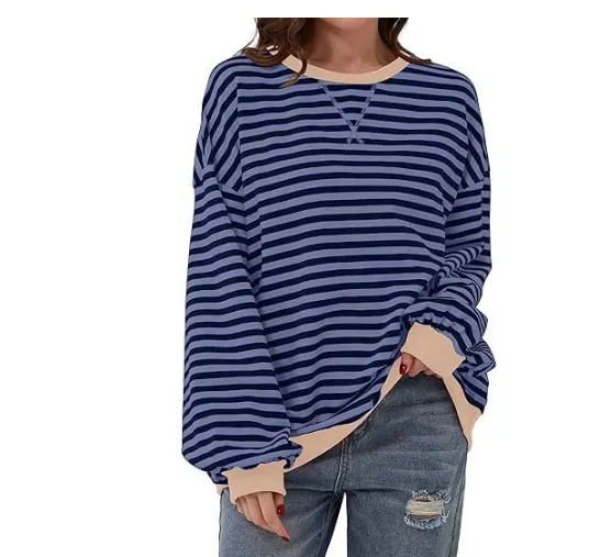 Simple Home Striped Pattern Round Neck Top Sea Blue - Shop at LoveMi