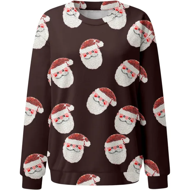 New Women's Casual Capless Round Neck Regular Drop Shoulder Sweater Pullover Print Top Coffee - Shop at LoveMi