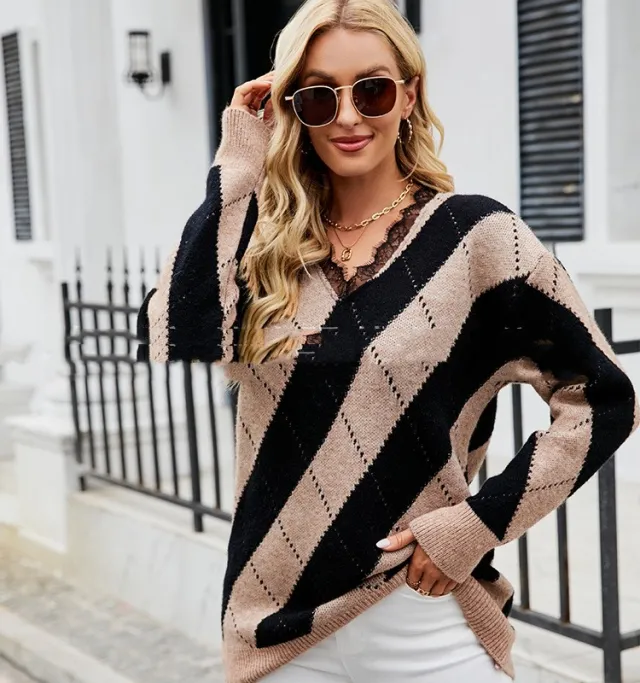 V neck Casual Sweater Pullover Sweater Khaki - Shop at LoveMi