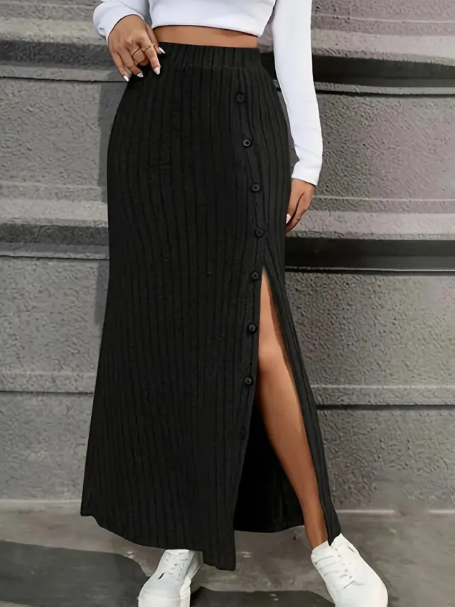 Women Knitted Dress Sunken Stripe Slit Fastener Decoration Sheath Skirt Black - Shop at LoveMi