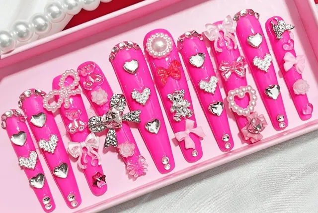 Manicure Handmade Wear Nail Sweet Bow Manicure Glittering Pink - Shop at LoveMi