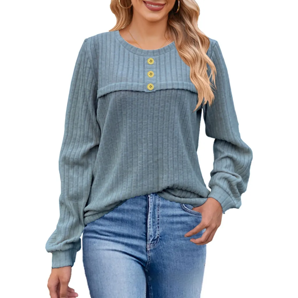 European And American Autumn And Winter Brushed Sunken Stripe Button Long-sleeved T-shirt Casual - Blue