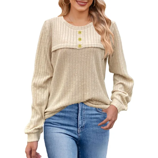 European And American Autumn And Winter Brushed Sunken Stripe Button Long sleeved T shirt Casual Apricot - Shop at LoveMi