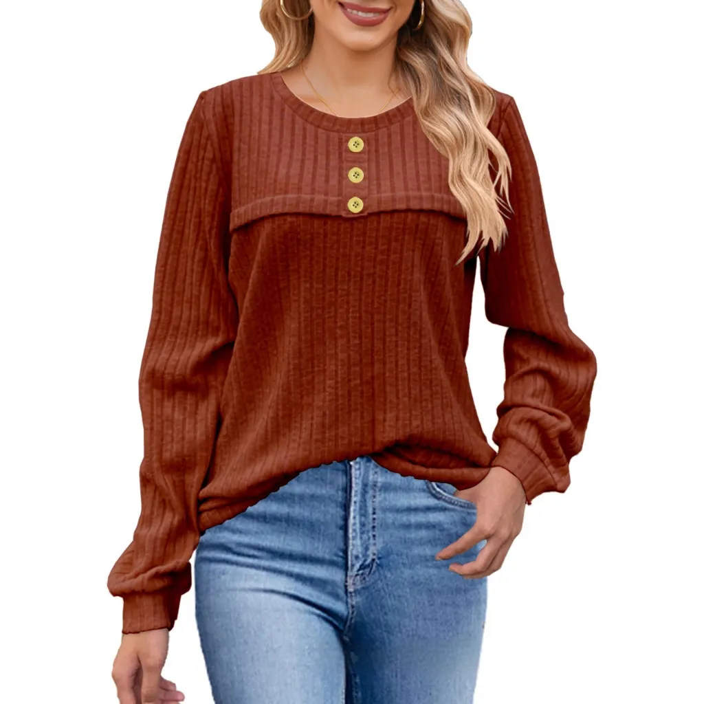 European And American Autumn And Winter Brushed Sunken Stripe Button Long-sleeved T-shirt Casual - Brick Red
