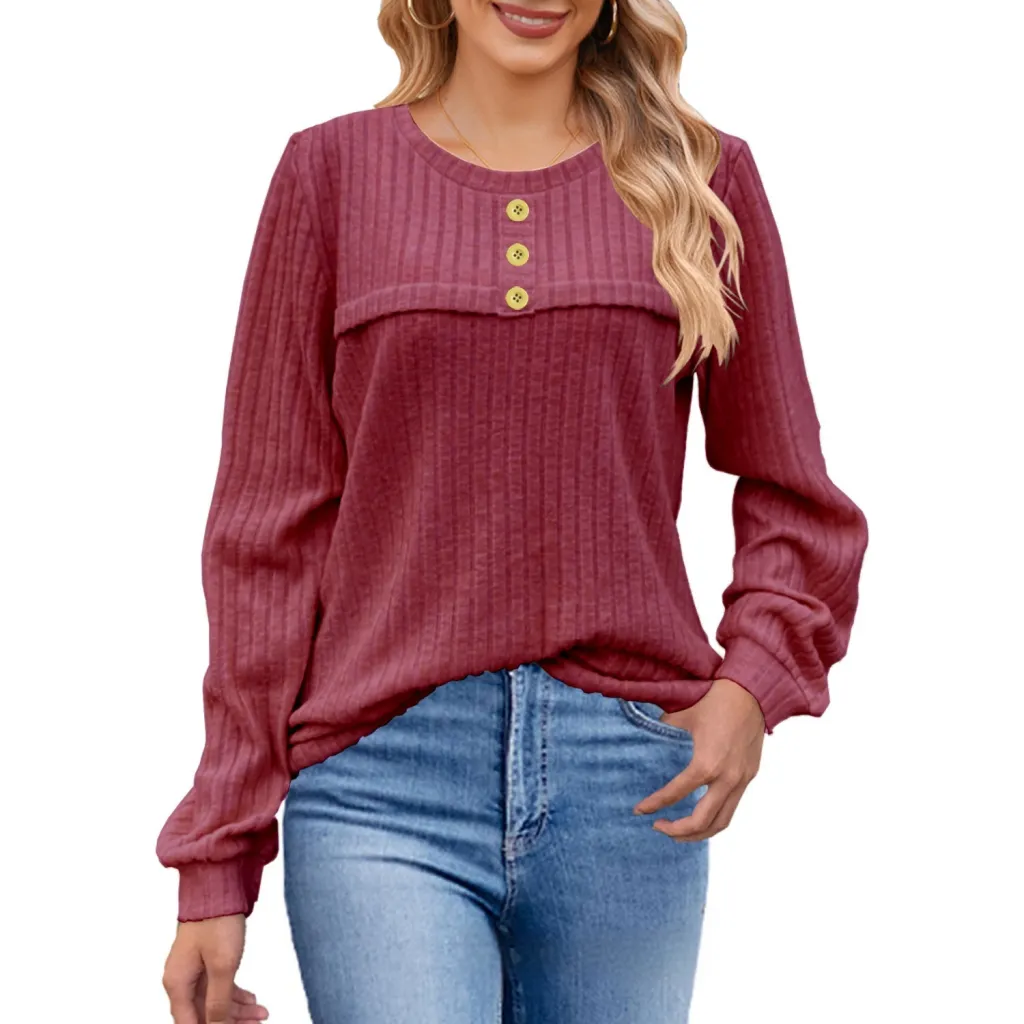 European And American Autumn And Winter Brushed Sunken Stripe Button Long-sleeved T-shirt Casual - Wine