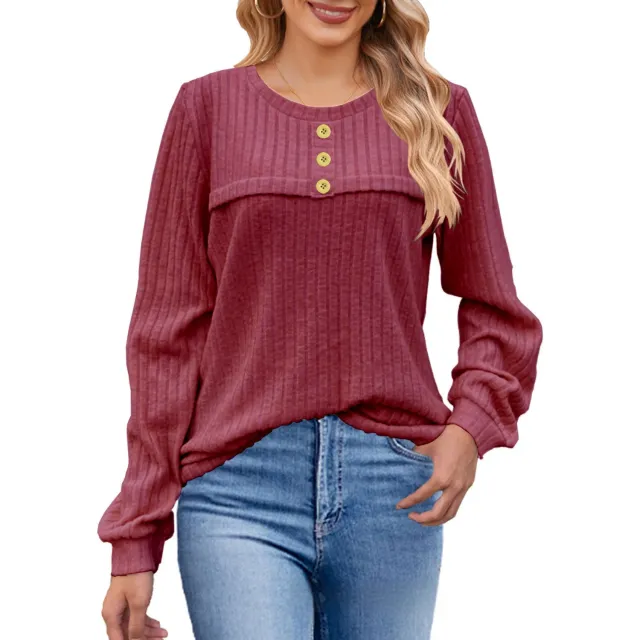European And American Autumn And Winter Brushed Sunken Stripe Button Long sleeved T shirt Casual Wine - Shop at LoveMi