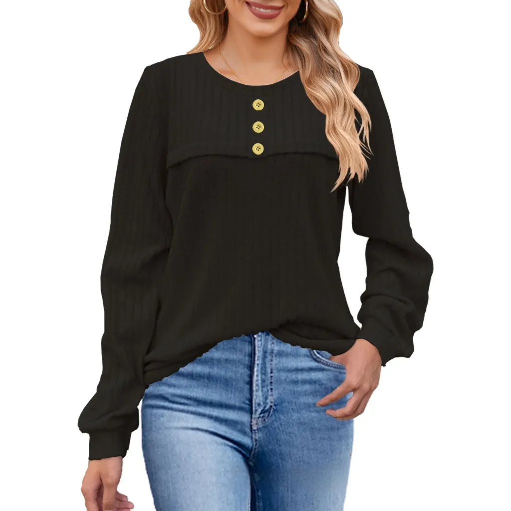 European And American Autumn And Winter Brushed Sunken Stripe Button Long-sleeved T-shirt Casual - Black