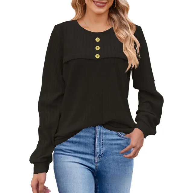 European And American Autumn And Winter Brushed Sunken Stripe Button Long sleeved T shirt Casual Black - Shop at LoveMi