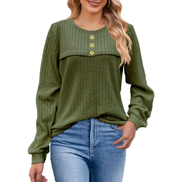 European And American Autumn And Winter Brushed Sunken Stripe Button Long sleeved T shirt Casual Dark Green - Shop at LoveMi