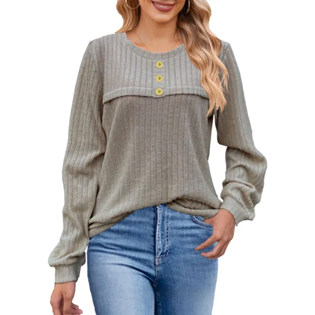 European And American Autumn And Winter Brushed Sunken Stripe Button Long sleeved T shirt Casual Gray - Shop at LoveMi
