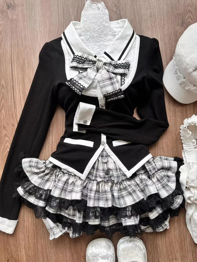 Retro Halloween Black Knitted Long Sleeved Bow Contrasting Top Checkered Cake Skirt Black - Shop at LoveMi