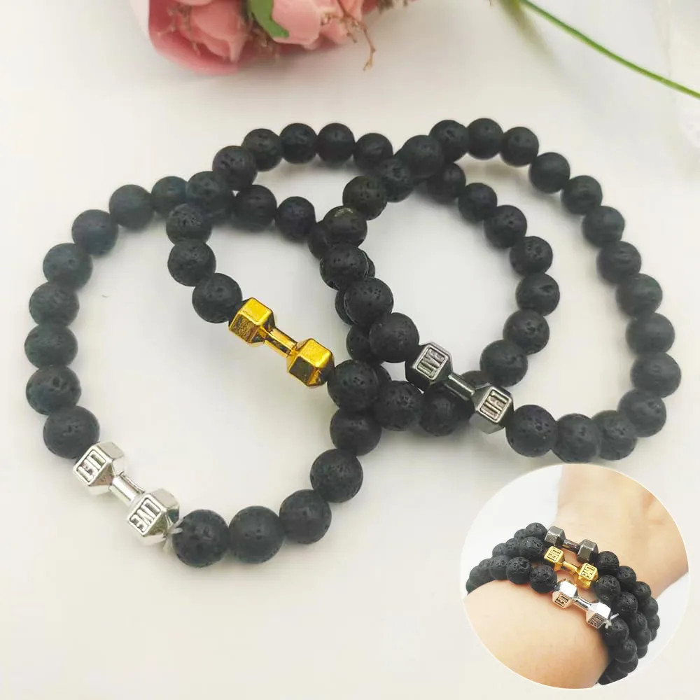 Men's Jewelry Alloy Metal Barbell & Lava Rock Stone