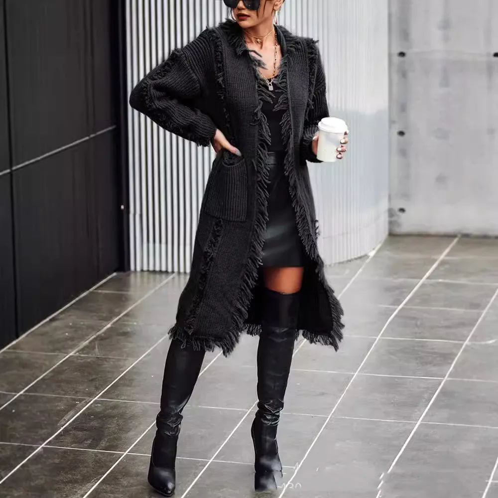 Lapel Tassel Long Knitted Coat - Black