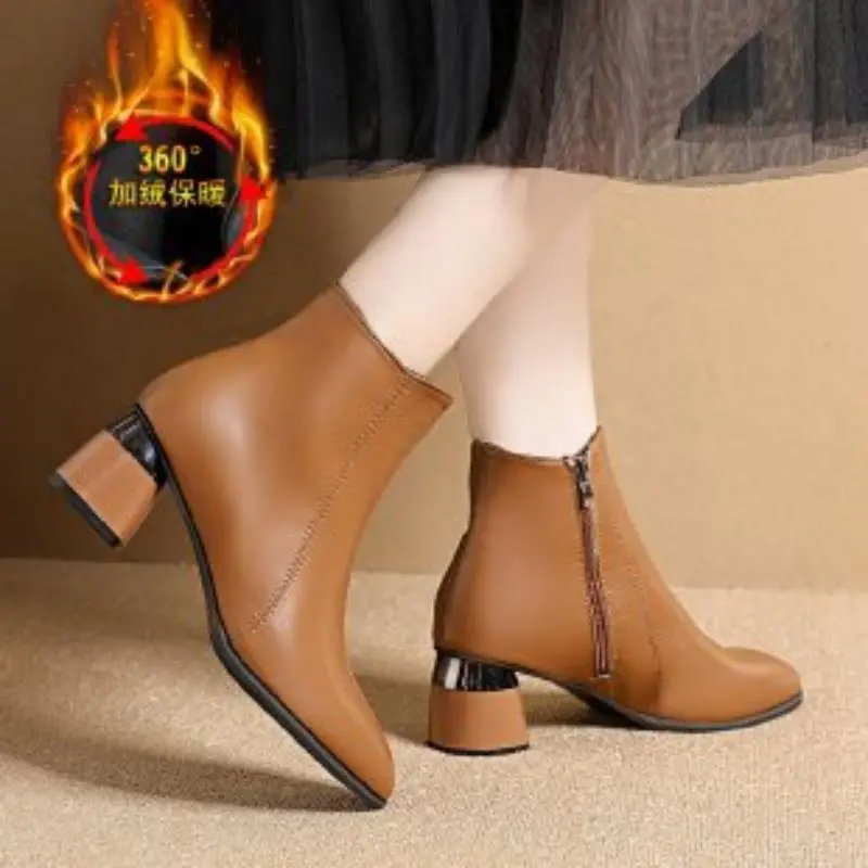 Autumn And Winter Short Boots Female Chunky Heel Soft Leather - Brown