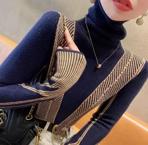 Striped Turtleneck Sweater For Women Autumn And Winter - Navy Blue
