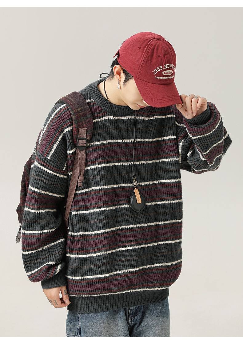 Title 10, Vintage Contrast Color Striped Round Neck Sweat...