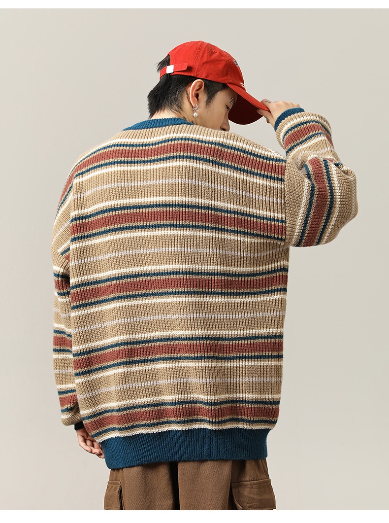 Title 7, Vintage Contrast Color Striped Round Neck Sweat...