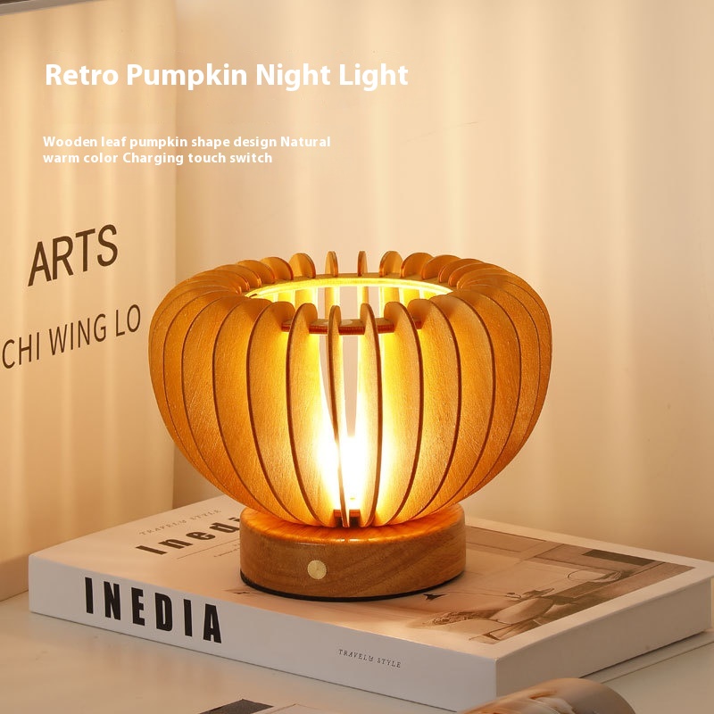 Bedroom Lamp Japanese Retro Homestay Pumpkin Night Light Rechargeable Touch Solid Wood Style Living Room Study Night Light Table Lamp