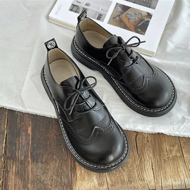 Women's Brogue Hollow Leather Lace up Retro Chunky Heel Shoes Black - Shop at LoveMi