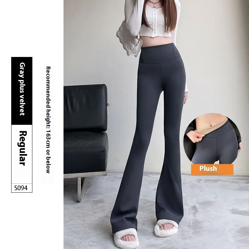 Micro Shark High Waist Slimming Hip Raise Flared Yoga Leggings - Plus Velvet Gray Common Style