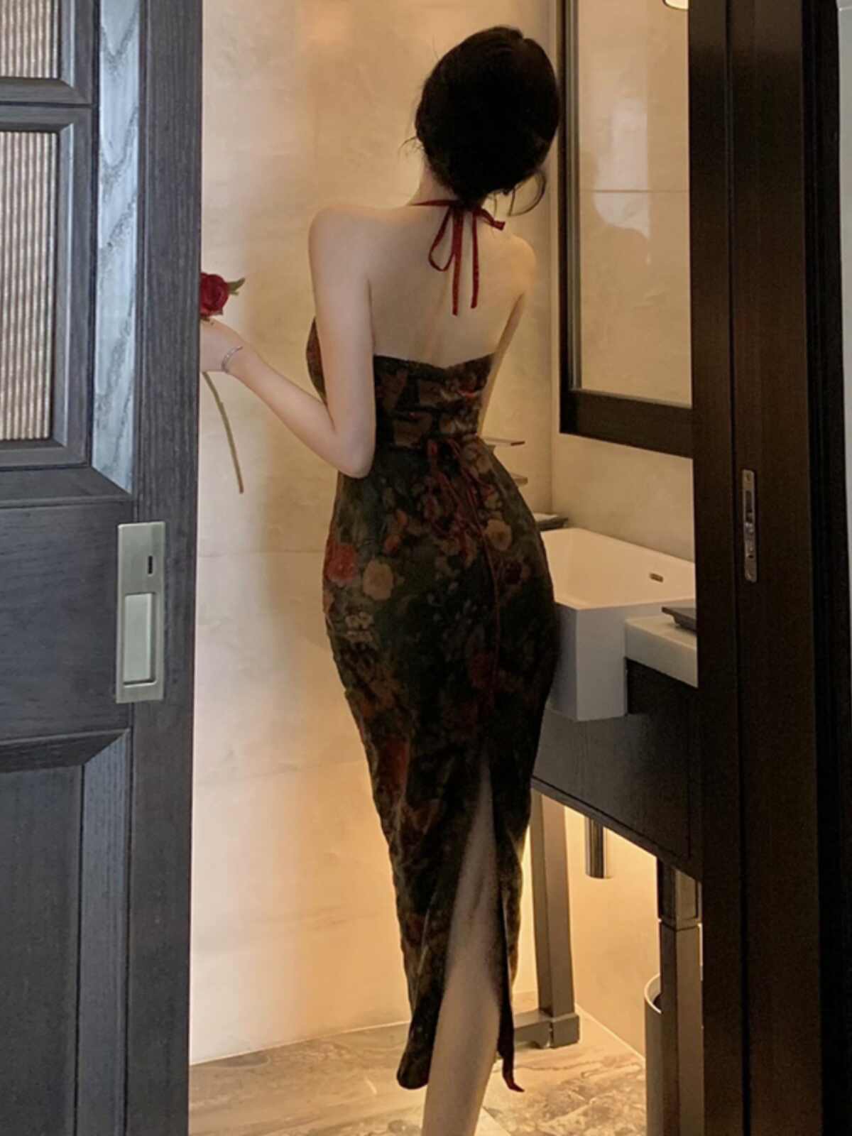 Retro Halter Floral Tube Top Dress Back Slit High Waist Midi Skirt