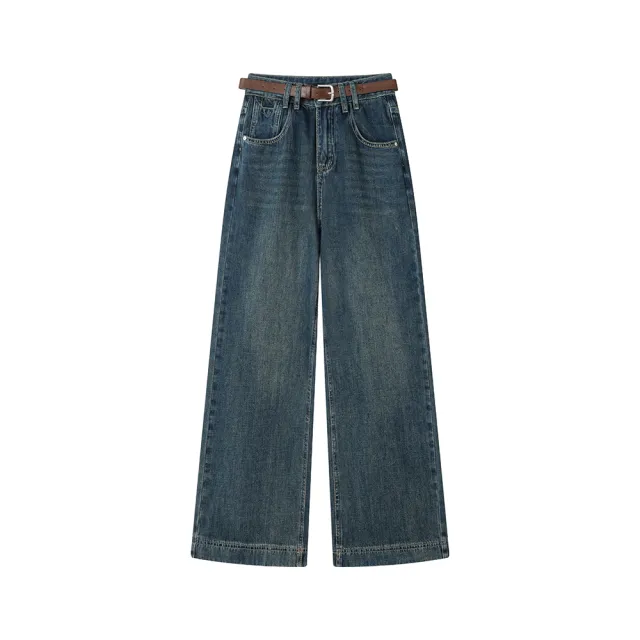Straight Loose Wide Leg High Waist Dark Jeans Blue With Belt - Shop at LoveMi