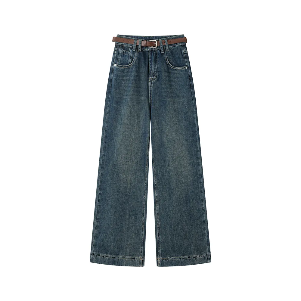 Straight Loose Wide Leg High Waist Dark Jeans - Blue With Belt
