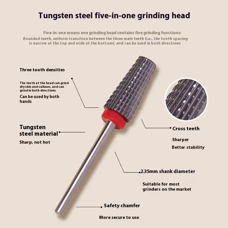 Five-in-one Tungsten Steel Cross Tooth Plating Color Alloy Nail Beauty Polish Removing Modified Peeling Grinding Head