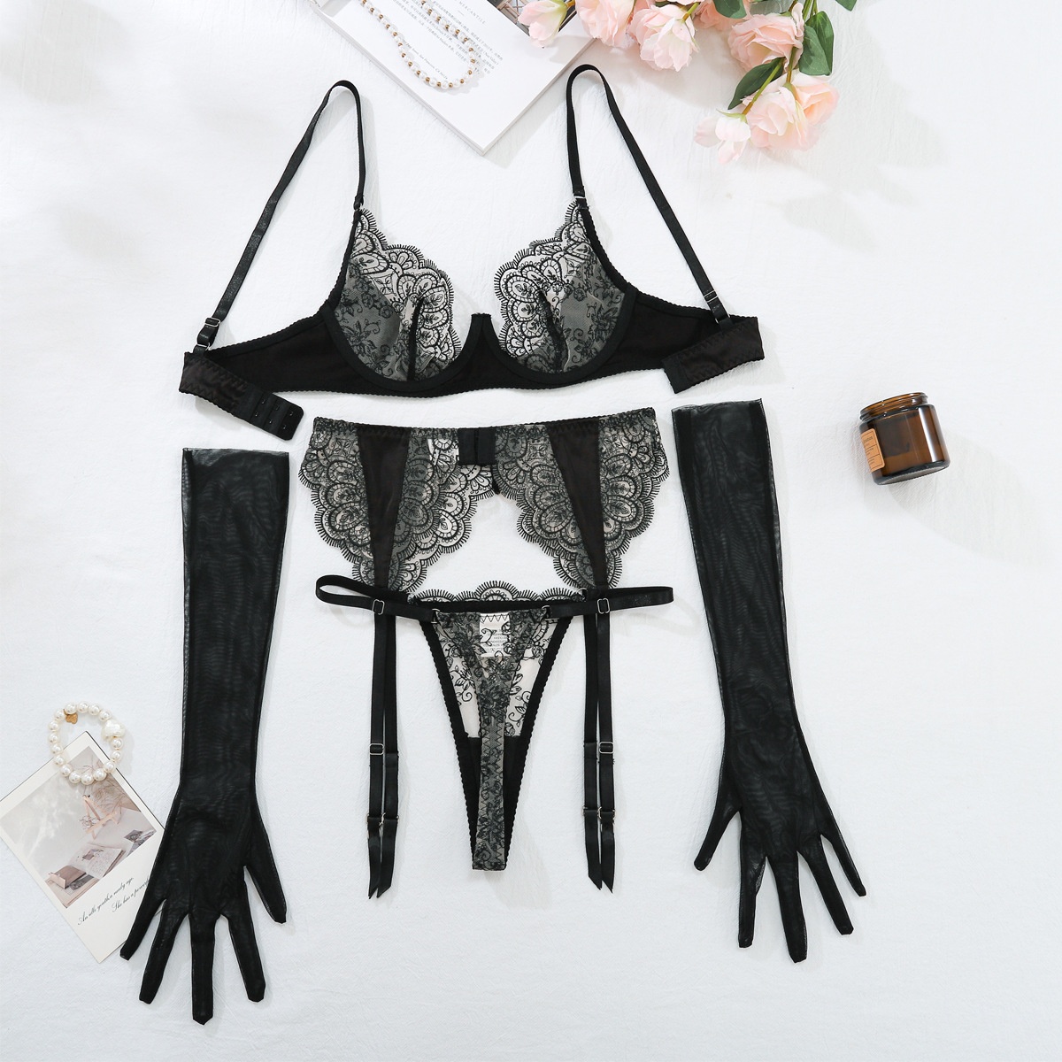 Title 3, Sexy Embroidery Lace Sexy Backless Bra Suit Fou...