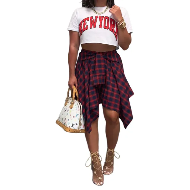 Women's Fashion Irregular Plaid Tied Sleeve Fake Shirt Skirt Black - Shop at LoveMi