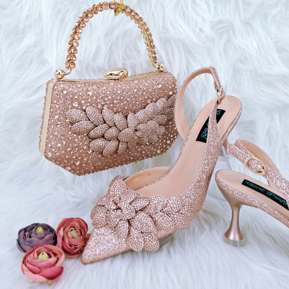 Ladies Party Shoes Bag Set Handmade Leaf Decorative Wine