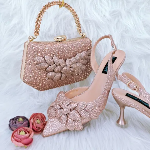 Ladies Party Shoes Bag Set Handmade Leaf Decorative Wine